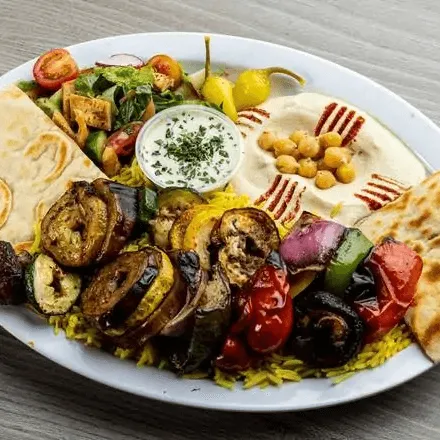 Platter of various Mediterranean foods.