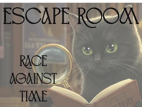 Escape room cat looking at book