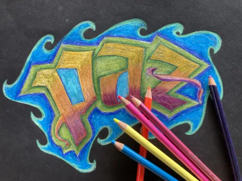 Multi-colored grafitti-styled design.