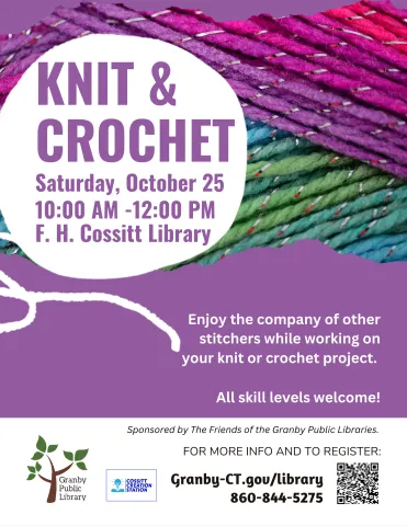 Purple and teal yarn behind text.
