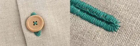 Green, machine sewn buttonhole and button on tan, tweed suit