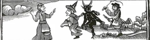 Block print of stereotypical witches.