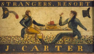 Two colonial gentlemen having a drink at a tavern.