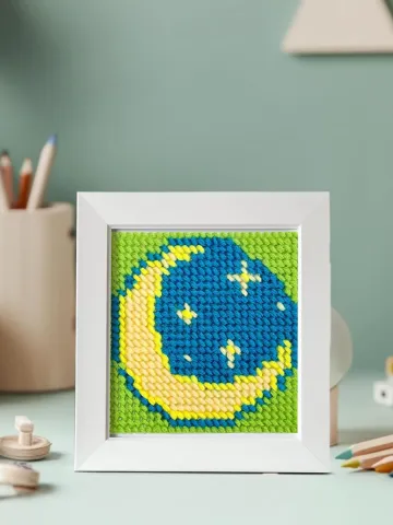 Cross Stitched Crescent Moon and Stars 