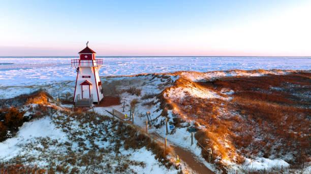 Lighthouse overlooking rocky coastline with light snow on ground.