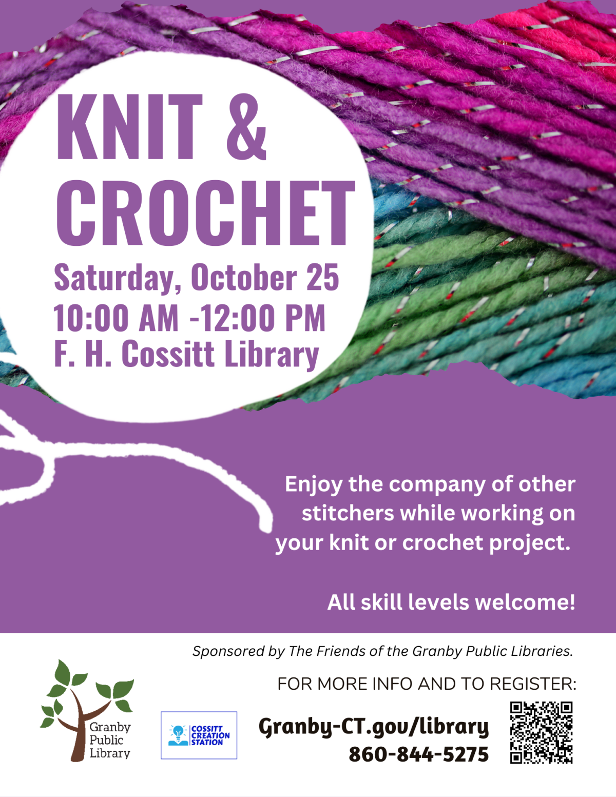 Purple and teal yarn behind text.