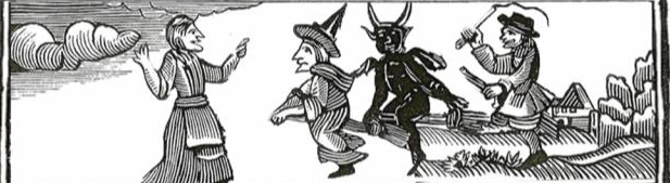 Block print of stereotypical witches.
